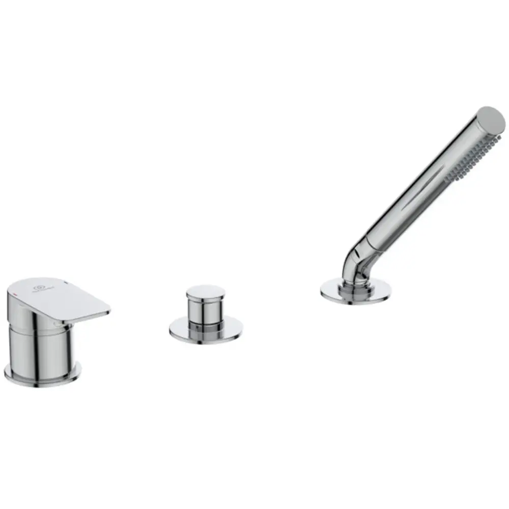 Drei Loch Badarmatur von Ideal Standard mit chromer Oberfläche, bestehend aus einem Hauptventil, einem Betätigungshebel und einer Handbrause.